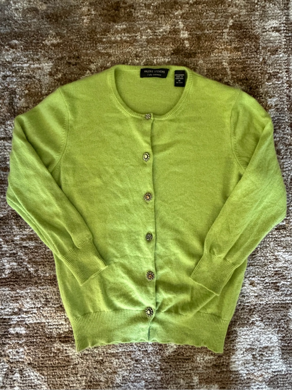 Valerie Stevens Lime Green Cashmere Crewneck Button Cardigan Sweater
